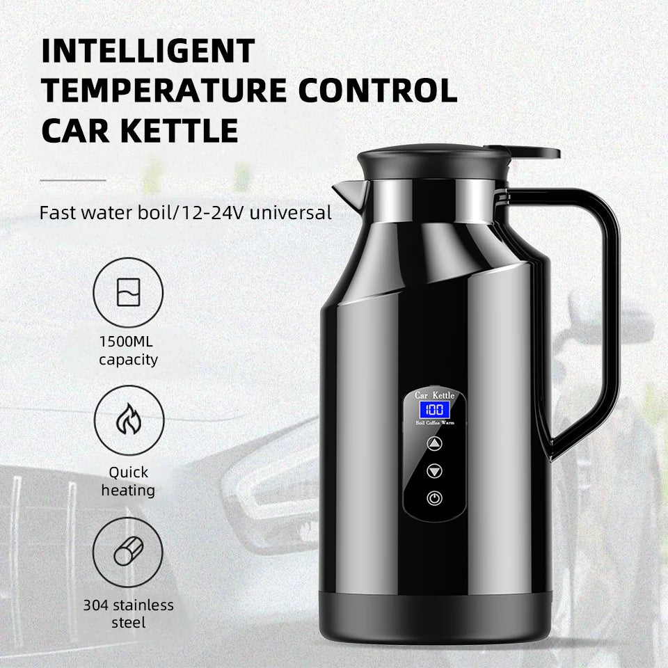 Yangood Portable Car Kettle 1500ML — Large Capacity 304 Stainless Steel Water Heater, 12V/24V for Travel, Tea, and Coffee