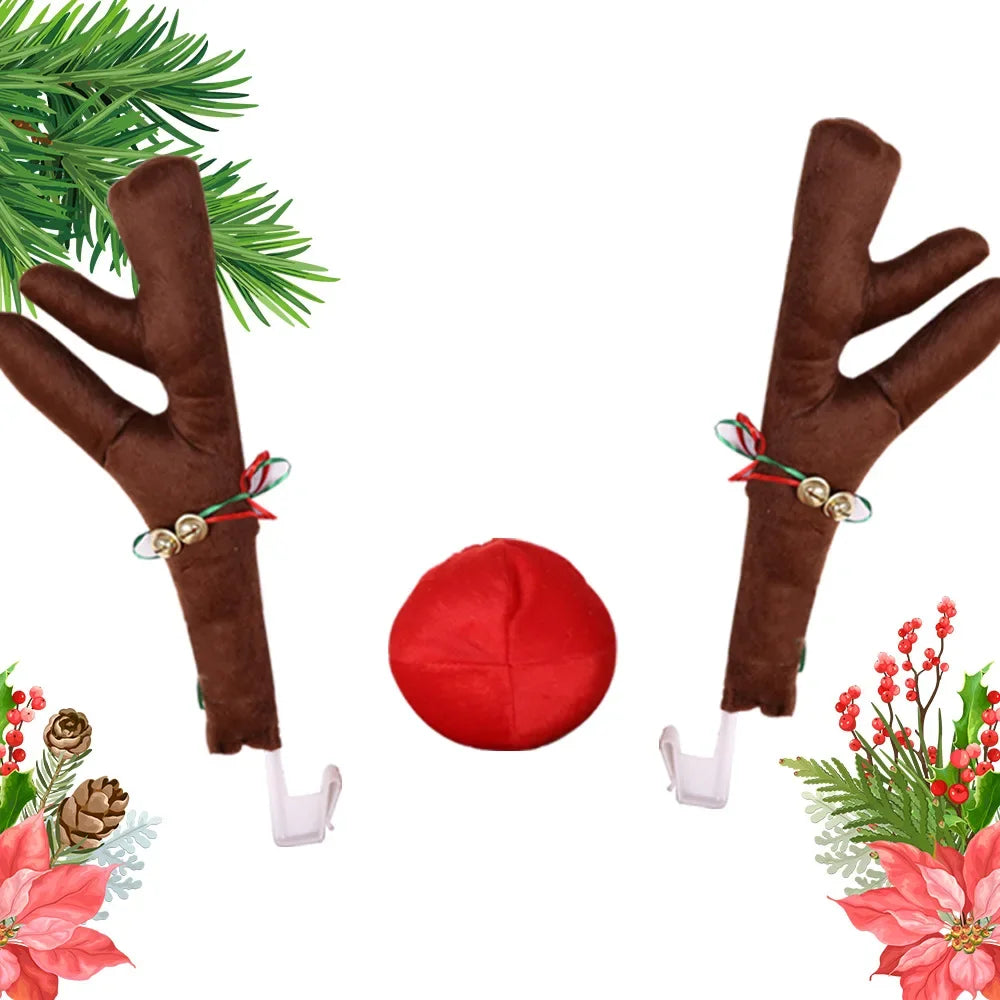 Christmas Car Decoration Kit – Deer Antlers with Red Nose & Tail Holiday Pendant Accessories