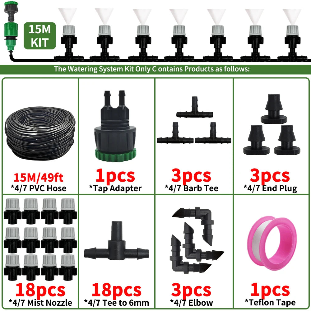 10-20M Automatic Garden Irrigation System – Portable Misting Fog Nozzles with 4/7mm Tee Connector for Patio & Hose Spray