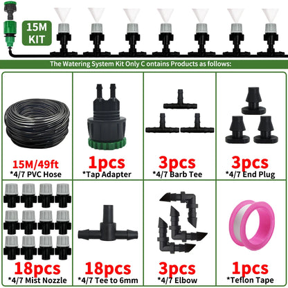 10-20M Automatic Garden Irrigation System – Portable Misting Fog Nozzles with 4/7mm Tee Connector for Patio & Hose Spray
