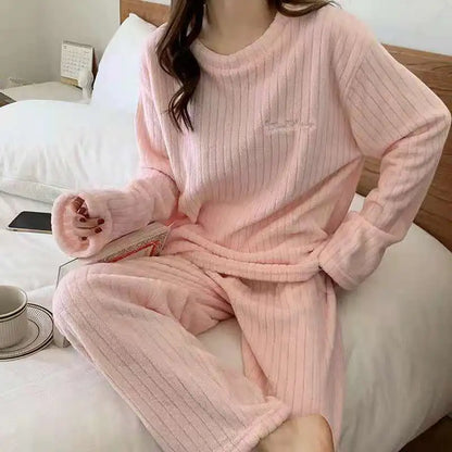 Autumn Women's 2 Piece Warm Velvet Pajama Set – Ribbed Fleece Pullover & Pants, Casual Loungewear (2023)