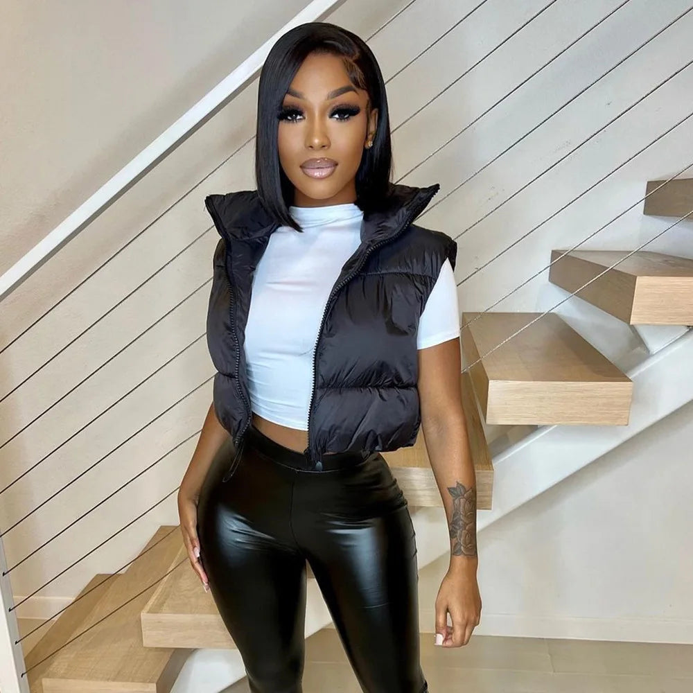 Autumn Winter Women's Short Cotton Down Vest – Warm Quilted Sleeveless Jacket with Stand-Up Collar for Outdoor Travel