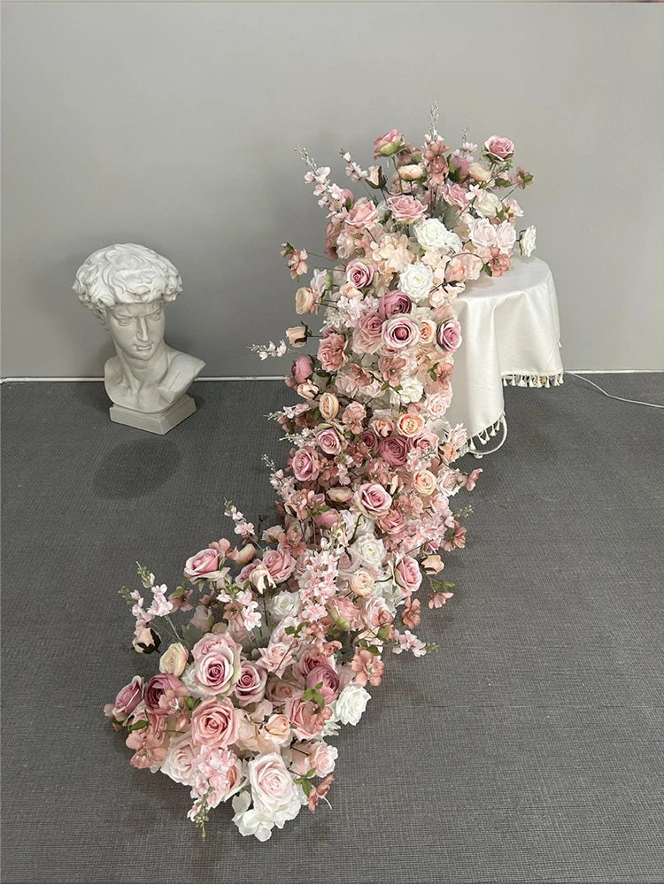 Pink Rose Artificial Flower Row – Large Floral Runner for Wedding Backdrop, Party Decor & Showcase Display Prop
