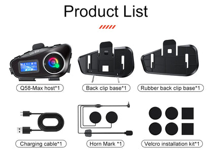 Q58 Max Motorcycle Helmet Bluetooth Intercom – IP65 Waterproof, 500M Range, Multi-Scene Music Sharing