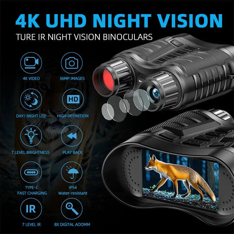 Maxgeek NV2181 4K Night Vision Binoculars – 8X Digital Zoom, 1080P, IP54 Waterproof, 3.2" HD TFT Screen