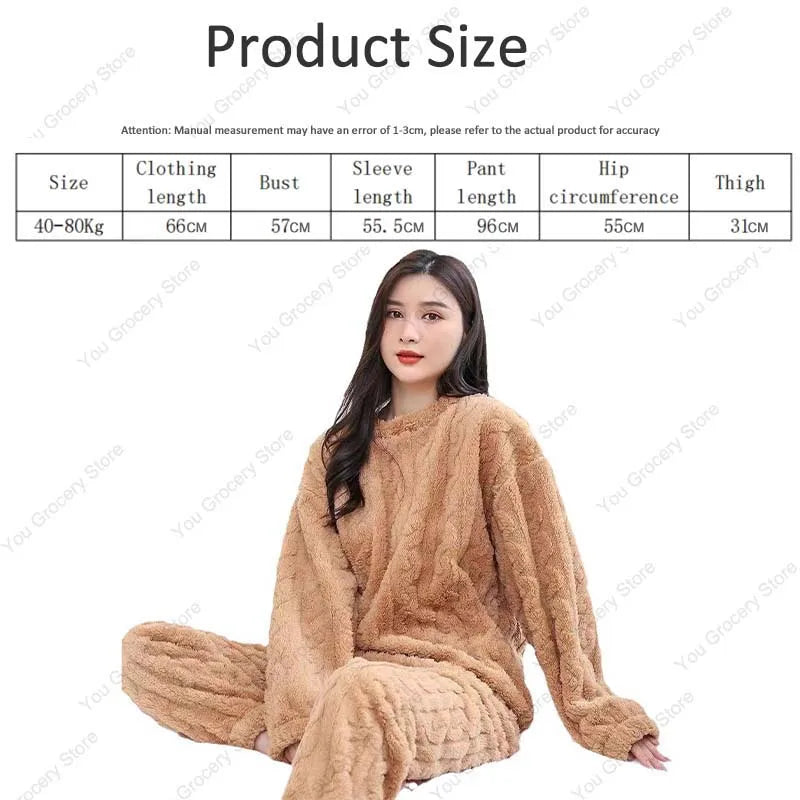 Autumn Women's 2 Piece Warm Velvet Pajama Set – Ribbed Fleece Pullover & Pants, Casual Loungewear (2023)