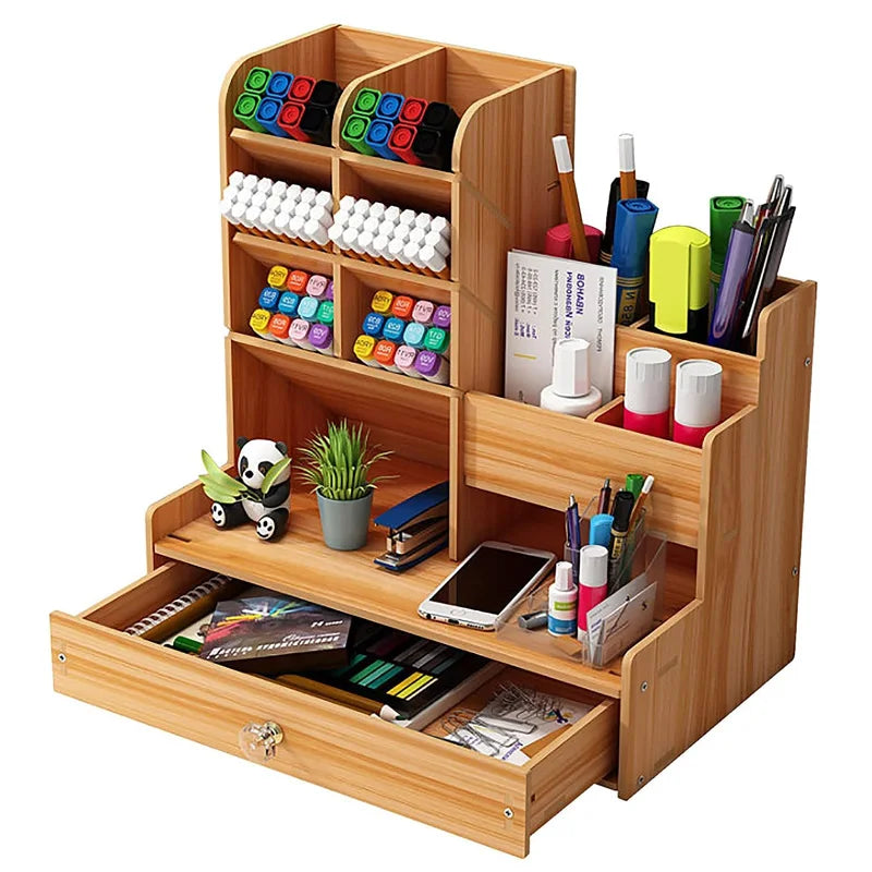 Wooden Desk Organizer DIY, Large Capacity Pen Holder with Drawer, Desktop Tidy and Stationery Storage Box for Home, Office, and School