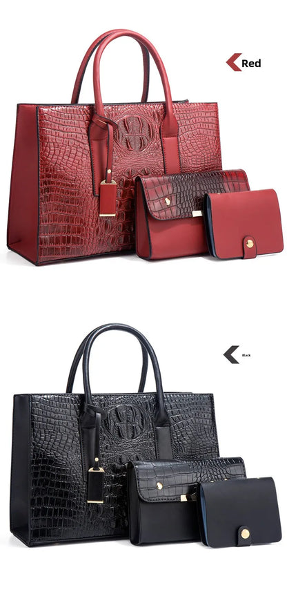 New Crocodile Pattern Handbag Set for Women — 3Pcs Tote, Shoulder Bag & Clutch, Large Capacity Fashion Set