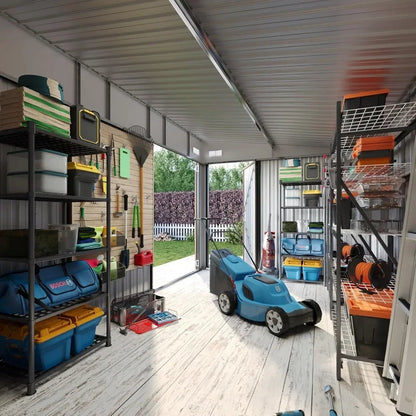 11.5'x7.5' Outdoor Metal Storage Shed – Triple Lockable Door with Sloping Roof for Tools & Bicycles