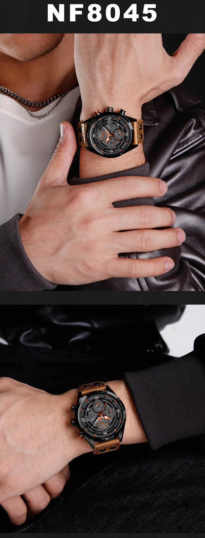 NAVIFORCE Men's Casual Watch – Luxury Waterproof Chronograph Quartz Wristwatch with Genuine Leather Strap