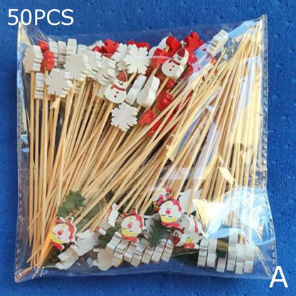 50PCS Christmas Bamboo Cocktail Picks – Santa, Snowflake & Tree Toothpicks for Drinks, Fruits, Desserts & Holiday Party Decorations 2024