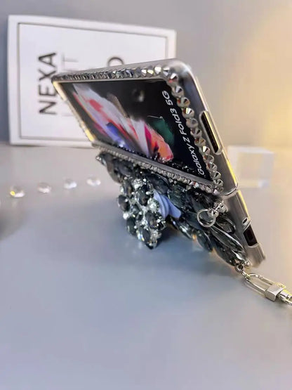 Luxury Crystal Diamond Phone Case for Samsung Galaxy Z Fold 6/5/4/3 – Pearl Wrist Strap & Stand Holder Cover