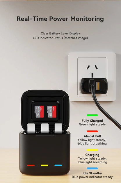 TELESIN 3-Slot Fast Battery Charger for GoPro Hero 13 – Portable Charging Dock for Action Camera Accessories