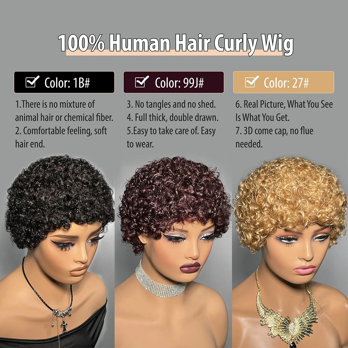 99J Short Curly Pixie Human Hair Wig - Full Machine Made, Affordable Kinky Curls on Clearance
