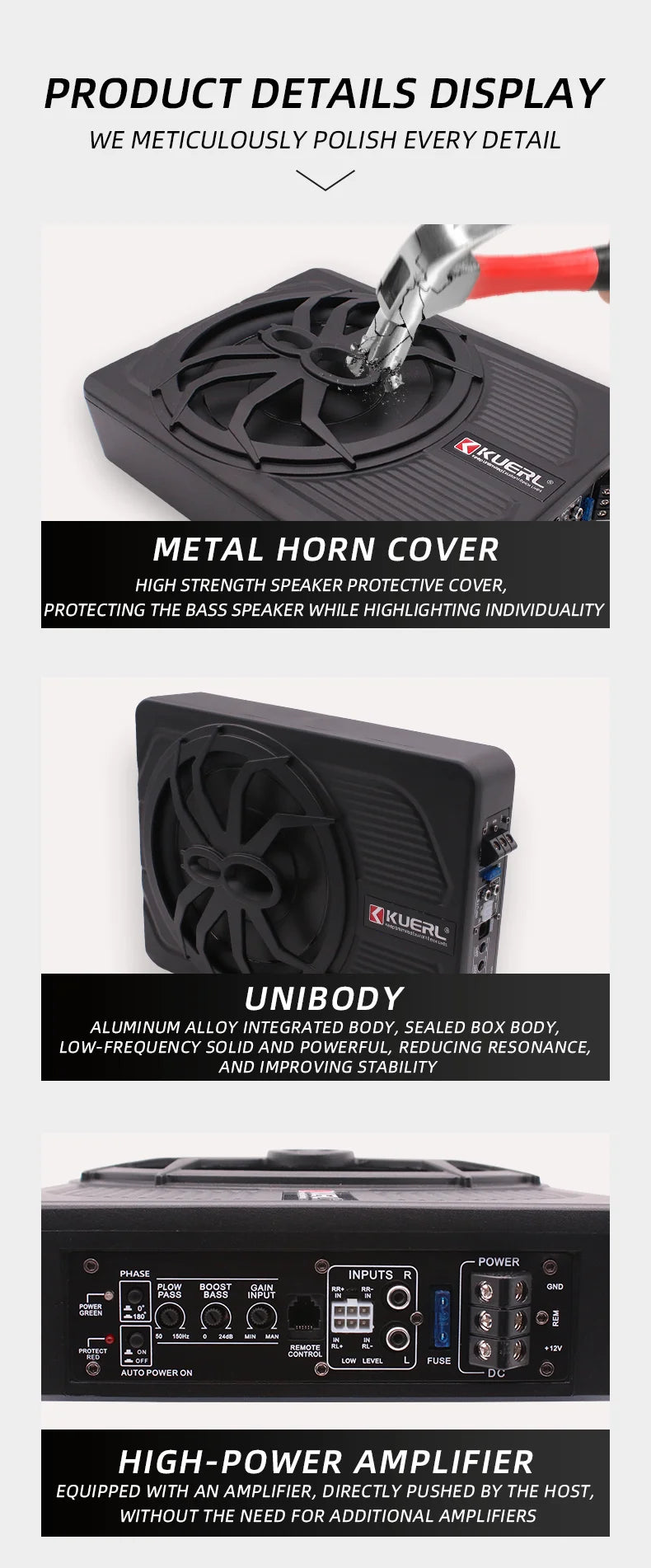 10 Inch Car Audio Subwoofer – 150W RMS Active Stereo, High Power Pure Bass Slim Speaker for Under-Seat Installation