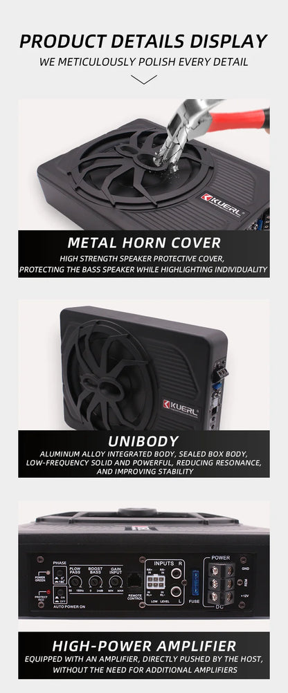 10 Inch Car Audio Subwoofer – 150W RMS Active Stereo, High Power Pure Bass Slim Speaker for Under-Seat Installation