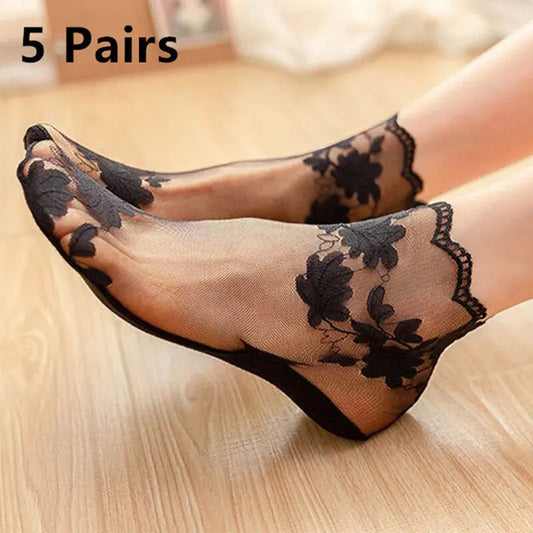 5 Pairs Summer Pure Cotton Women Socks - Leaves Lace Invisible Thin Ladies Boat Hollow Non-slip Shallow Stockings