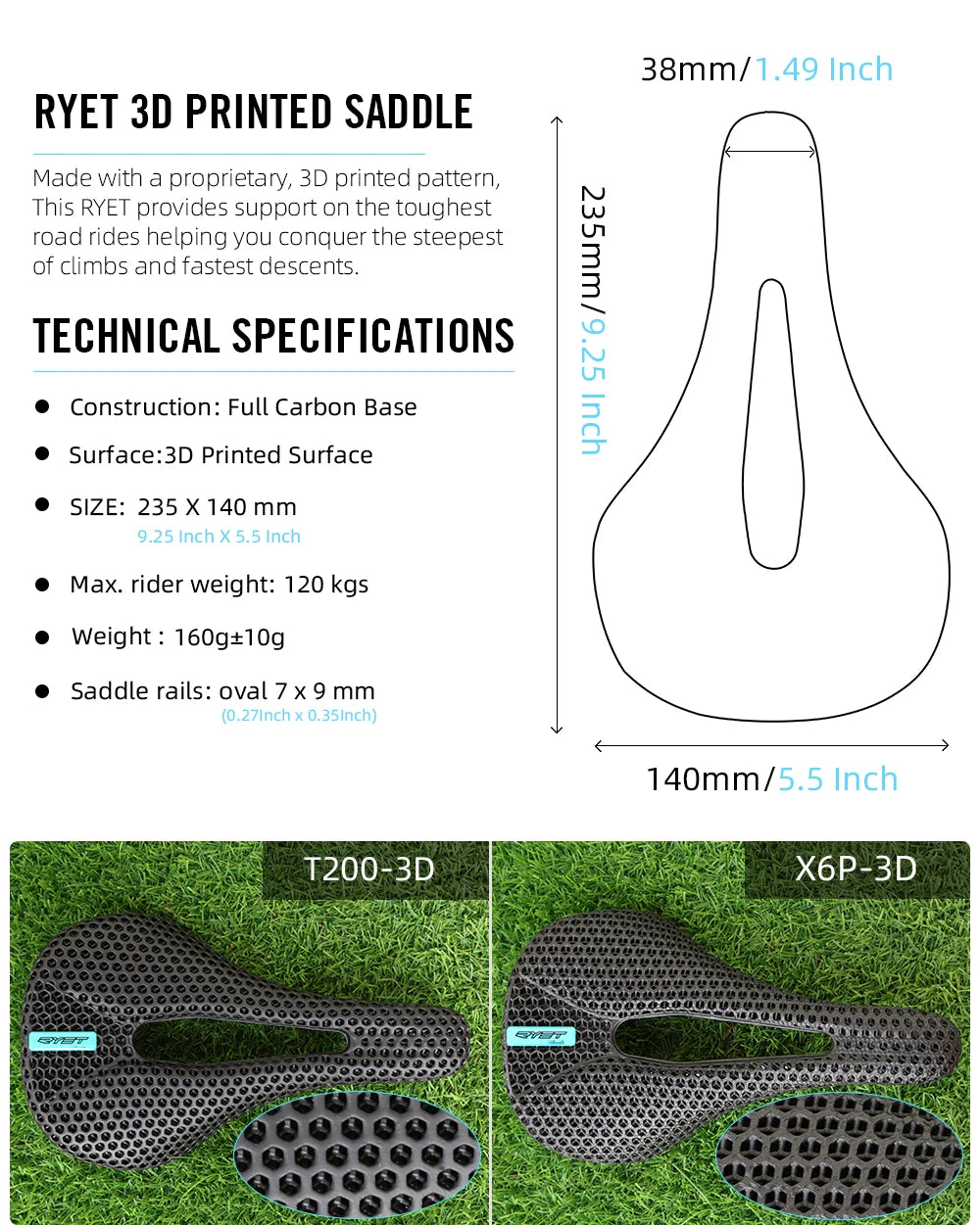 RYET 3D Printed Carbon Bike Saddle — 140/142mm Super Light EVA Road & MTB Racing Seat Cushion