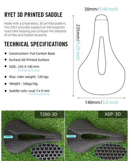 RYET 3D Printed Carbon Bike Saddle — 140/142mm Super Light EVA Road & MTB Racing Seat Cushion