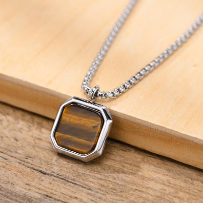 Vnox Stylish Men's Square Natural Stone Necklace - Stainless Steel Geometric Polygon Pendant, Casual Punk Jewelry Gift