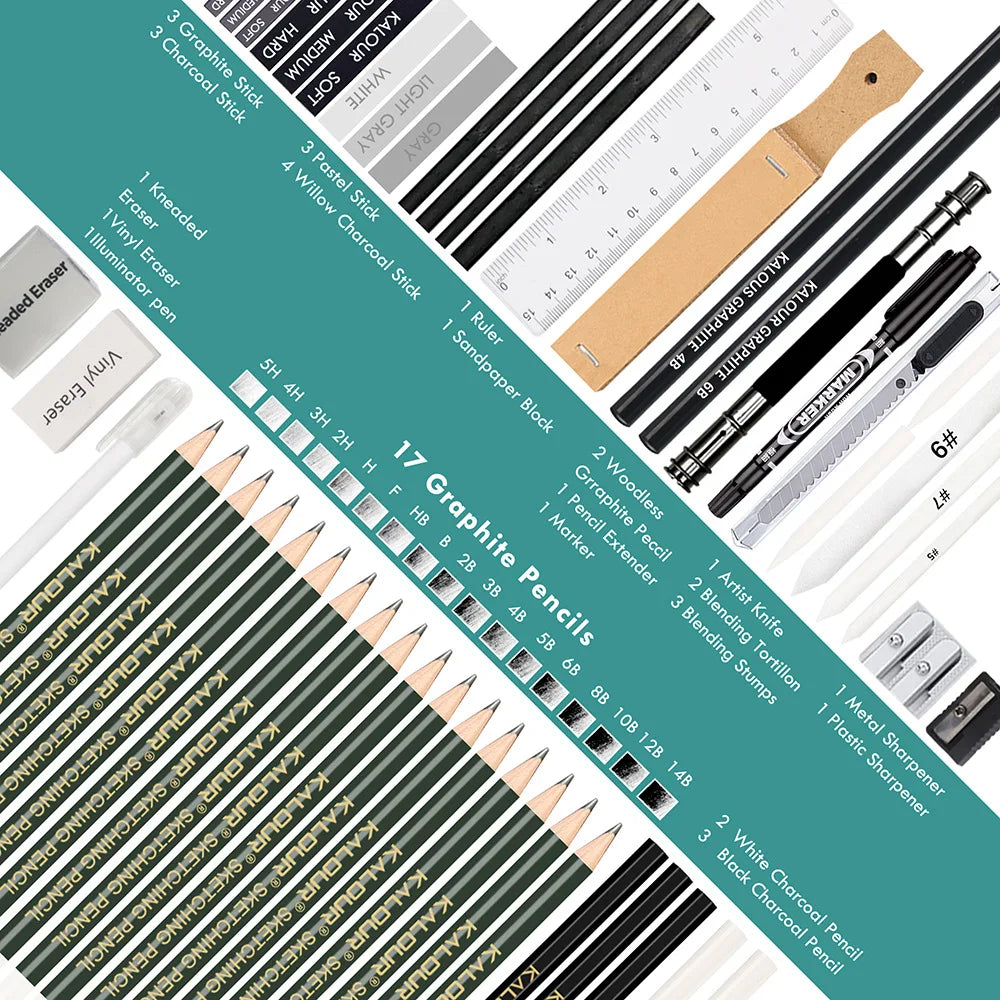 Complete 54-Piece Drawing Sketch Pencils Set - Wood Pencil Tool Kit with Artist Pencil Bags, Graphite & Charcoal Pencils, Erasers, Painting Book