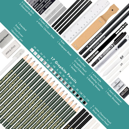 Complete 54-Piece Drawing Sketch Pencils Set - Wood Pencil Tool Kit with Artist Pencil Bags, Graphite & Charcoal Pencils, Erasers, Painting Book