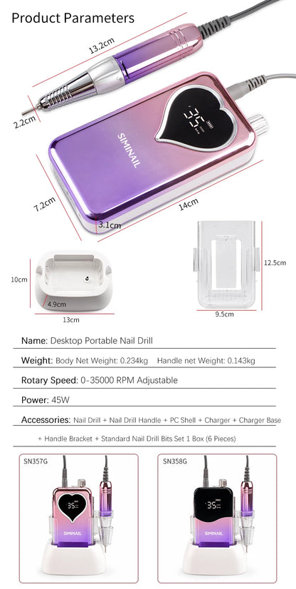 SIMINAIL Professional Nail Drill Machine – 35000RPM Portable Electric Nail File with Rechargeable E-File Bit Kit