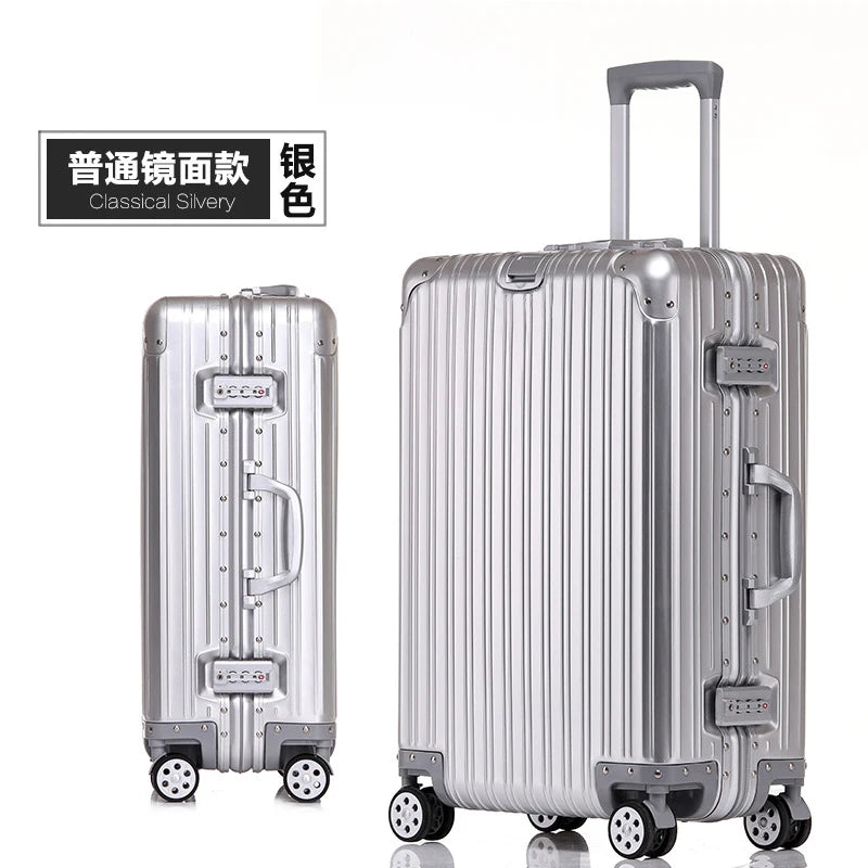 Aluminum Metal Luggage Carry-On Travel Bags - 20/22/28/30 Inch Trolley Suitcase with Cabin Size and Password Lock