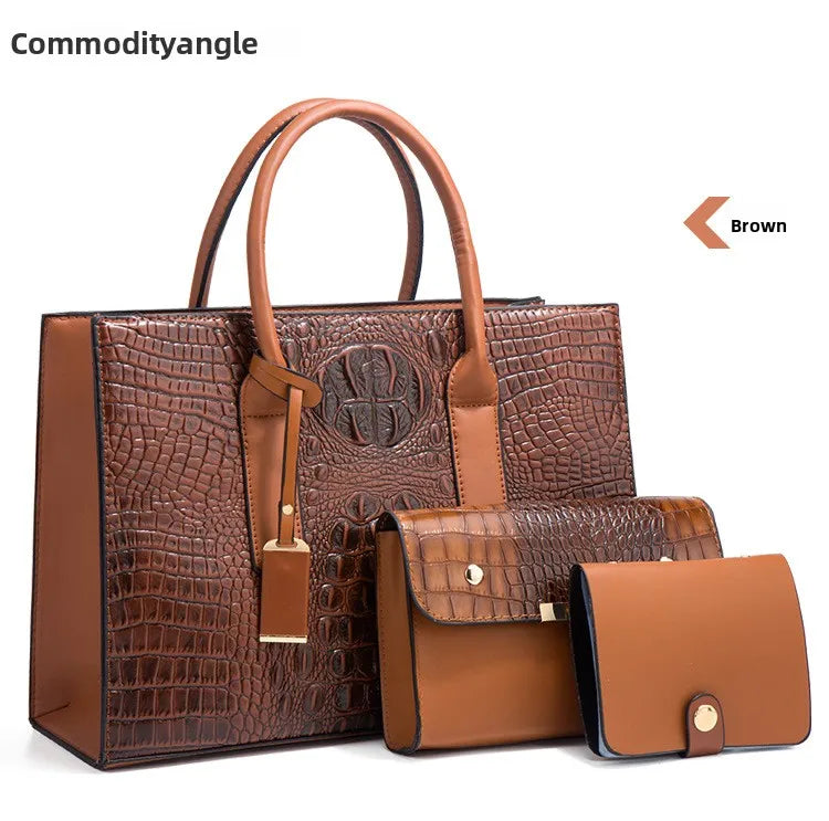 New Crocodile Pattern Handbag Set for Women — 3Pcs Tote, Shoulder Bag & Clutch, Large Capacity Fashion Set