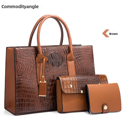 New Crocodile Pattern Handbag Set for Women — 3Pcs Tote, Shoulder Bag & Clutch, Large Capacity Fashion Set