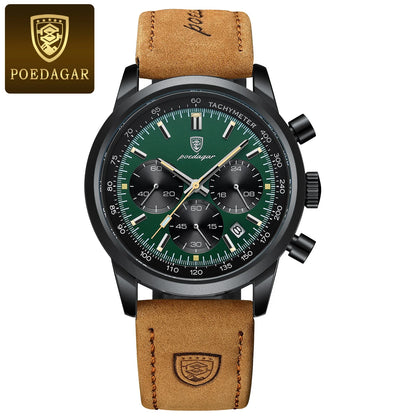 POEDAGAR Men's Luxury Sports Watch – Genuine Leather, Chronograph, Waterproof, Luminous Quartz Wristwatch