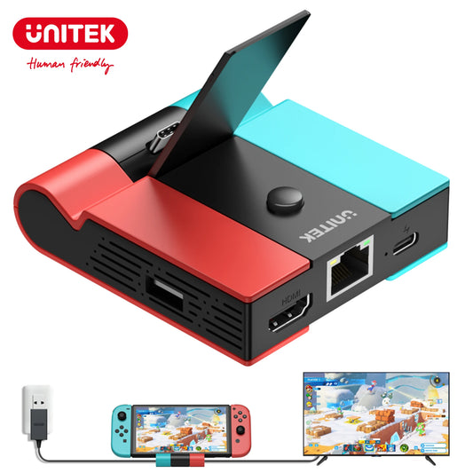 Unitek Game Dock for Nintendo Switch OLED — 45W PD Charging, LAN Gigabit Ethernet & 4K HDMI Gaming Docking Station for TV