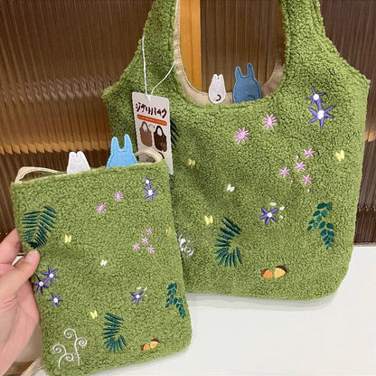 Cartoon Cat Embroidered Lamb Plush Handbag – Cute One-Shoulder Messenger Bag for Mobile Phone & Daily Use