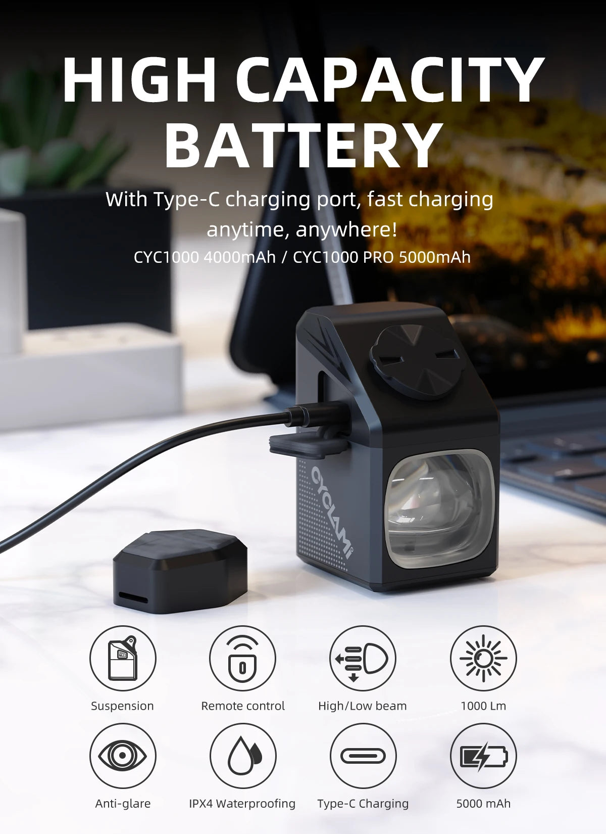 CYCLAMI CYC 1000 Lumen Bike Headlight – Ultra Bright Front Lamp with GoPro Mount & Wireless Remote for MTB & Road