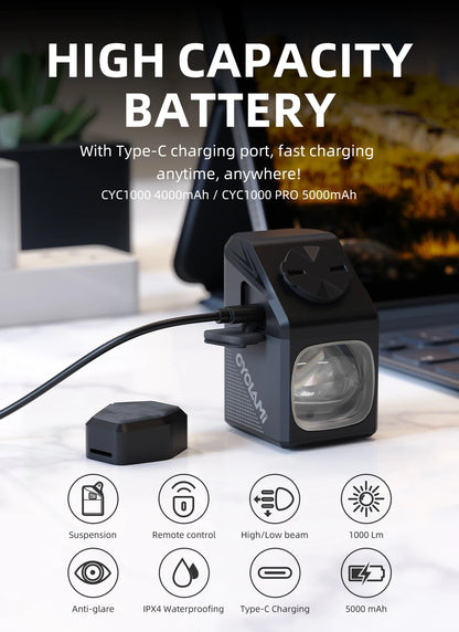 CYCLAMI CYC 1000 Lumen Bike Headlight – Ultra Bright Front Lamp with GoPro Mount & Wireless Remote for MTB & Road