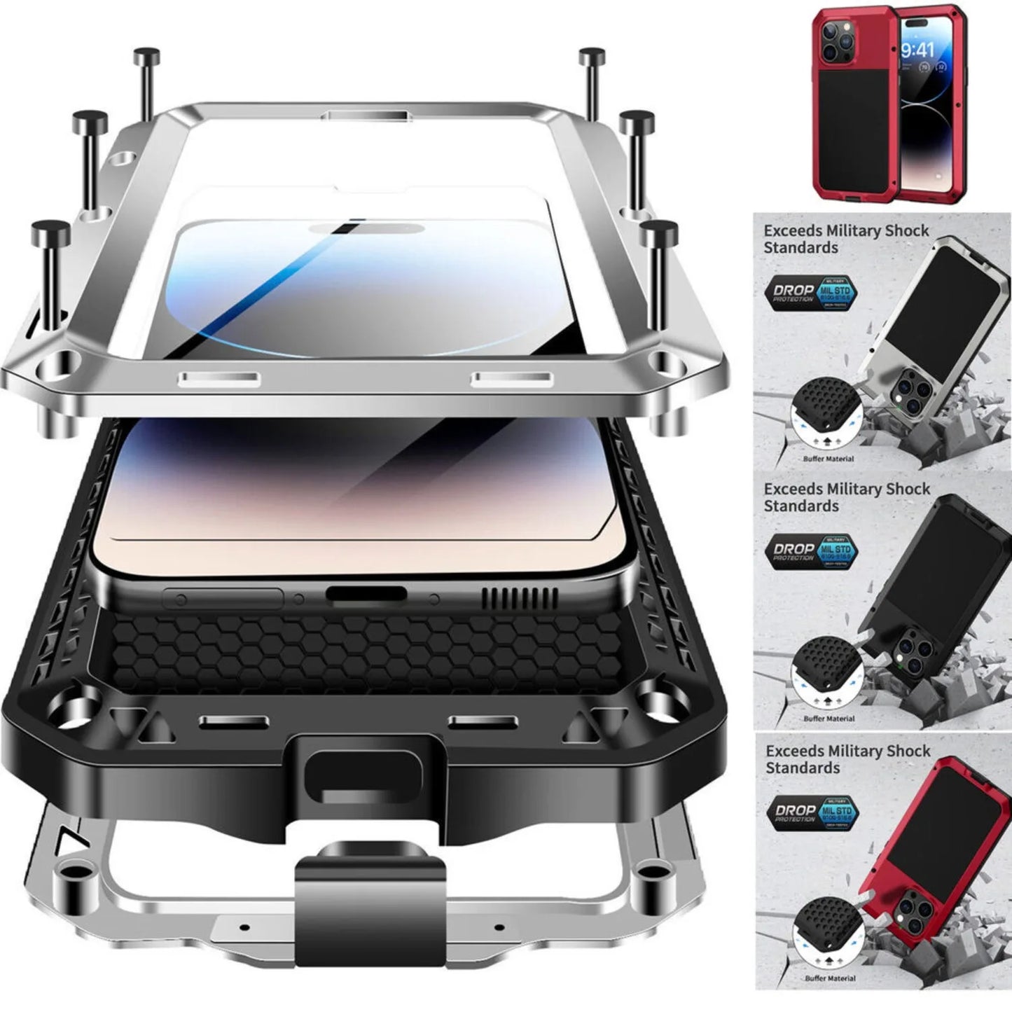 Heavy Duty Aluminum Metal Case for iPhone 16/15/14/13/12/11 Pro Max – Shockproof Gorilla Glass Cover for iPhone XS Max/XR/7/8