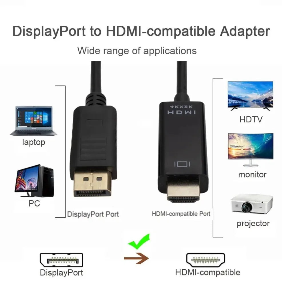 4K*2K DisplayPort to HDMI Adapter – 1.8m DP to HDMI Converter Cable for Desktop, Laptop, PC, TV, Monitor, Projector