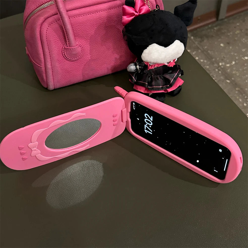 3D Hot Pink Bow Flip Mirror Silicone Case: Cute Cellphone Model Cover for iPhone 15 14 13 12 Pro Max 11 - Shockproof Soft Gift