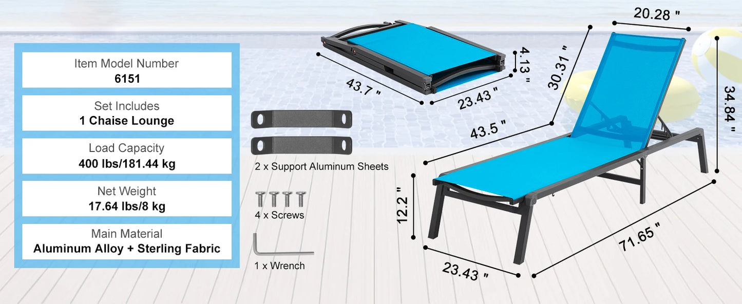 SucceBuy Outdoor Aluminum Chaise Lounge Chair — Folding Patio Pool Recliner, Full Flat Sun Lounger in Dark Grey