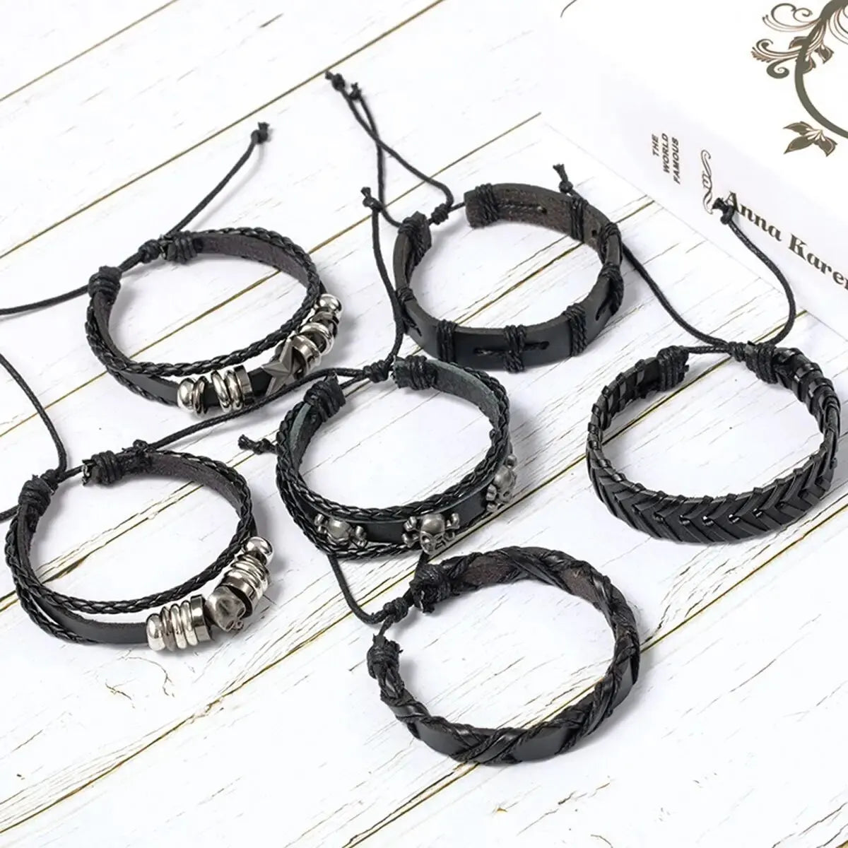 6PCS Black Punk Bracelet Set – Skull & Star Shaped Alloy with PU Leather