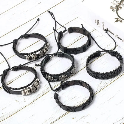 6PCS Black Punk Bracelet Set – Skull & Star Shaped Alloy with PU Leather