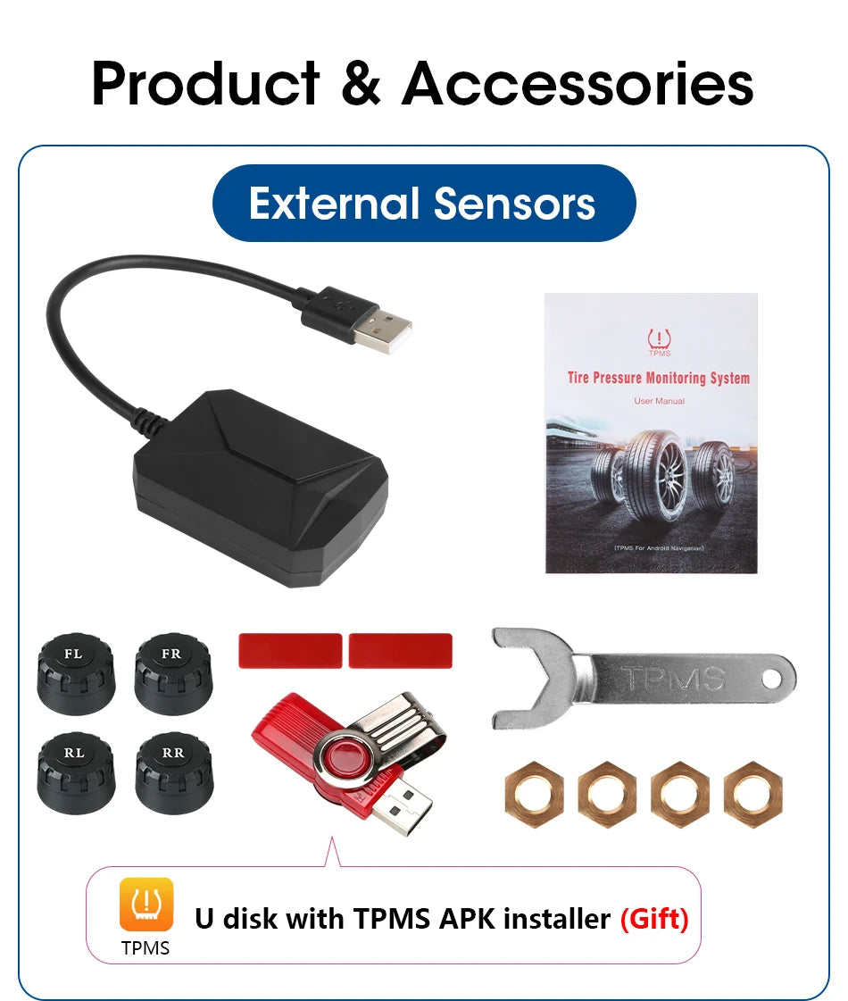 JMCQ USB Android TPMS Tire Pressure Monitoring System – 5 Internal/External Sensors with Display & Alarm for Car Navigation Radio