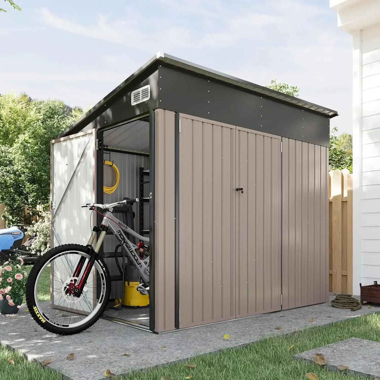 11.5'x7.5' Outdoor Metal Storage Shed – Triple Lockable Door with Sloping Roof for Tools & Bicycles