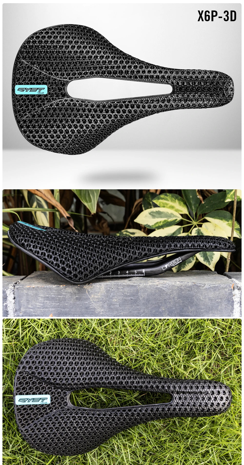 RYET 3D Printed Carbon Bike Saddle — 140/142mm Super Light EVA Road & MTB Racing Seat Cushion
