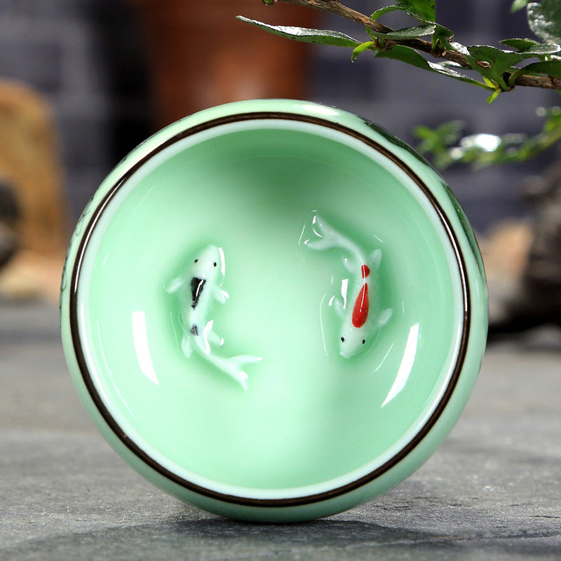Traditional Celadon Hand-Painted Teacup — 80ml Ceramic Lotus & Bamboo Double-Fish Chinese Tea Cup