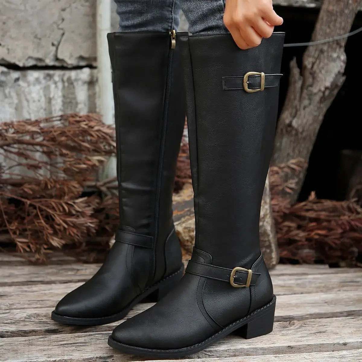 Women’s Winter High-Top Knight Boots – Side Zipper & Belt Buckle, Pointed Toe, PU Material with Cotton Lining