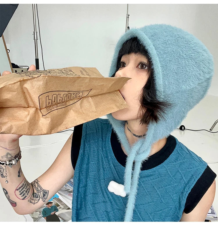 Y2K Cute Beanie Hat – Warm Japanese Knit for Autumn & Winter, Ear Protection, Tie Pullover Cap for Men & Women