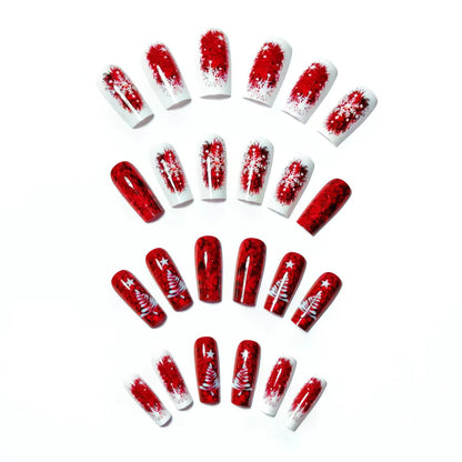 Medium Long Christmas Fake Nails – Square & Almond Tips with Tree, Snowflake & Snowman Designs