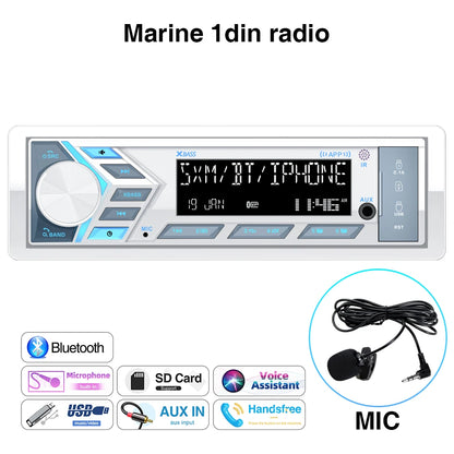 AKAMATE 1Din Boat Radio — Bluetooth Marine Media Stereo Player with AUX, USB, Remote Control, FM/AM for RV, ATV, UTV, SPA, RZR