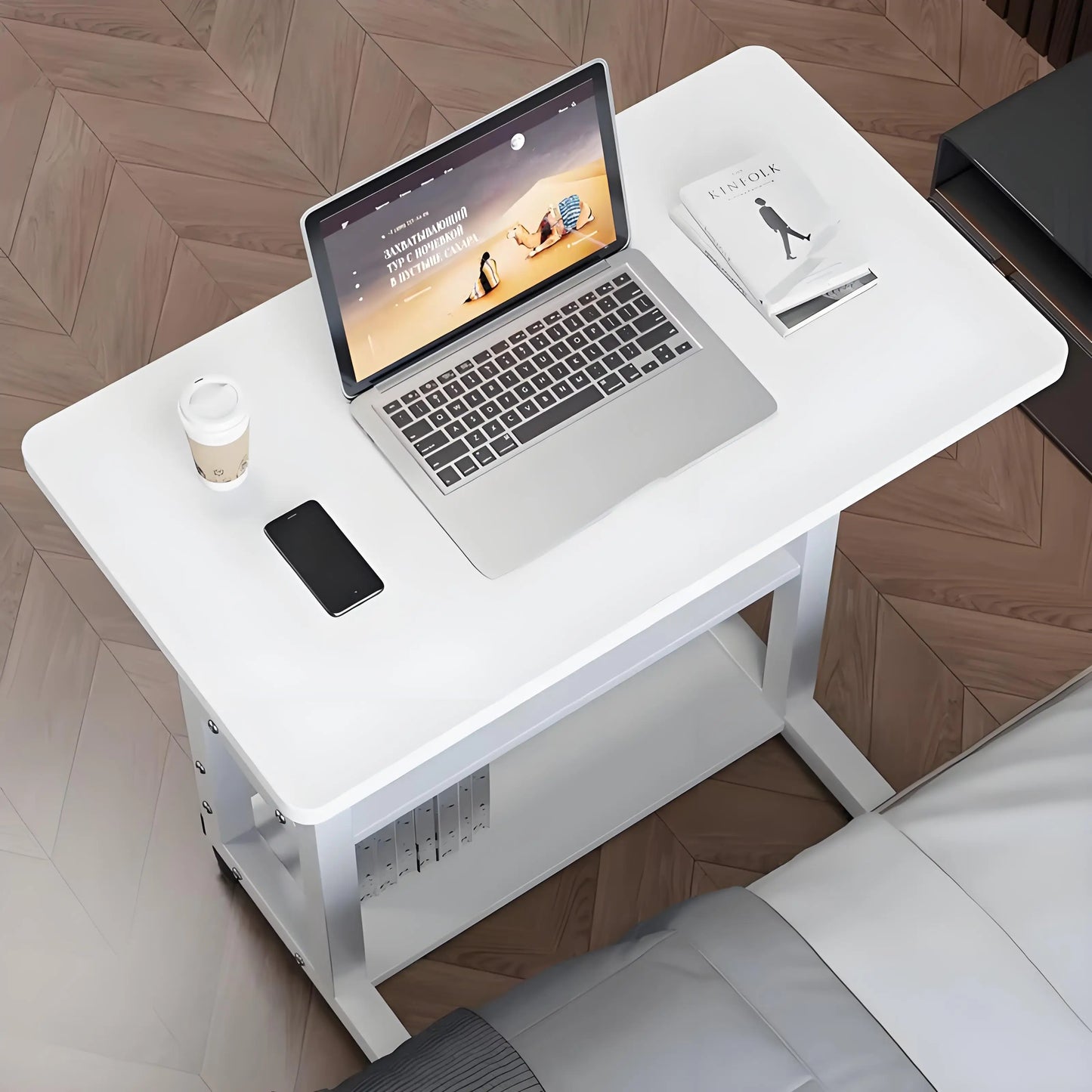 Double-Layer Movable Desk – Bedside Laptop Table with Storage Shelf, White Lift Office & Bedroom Desk